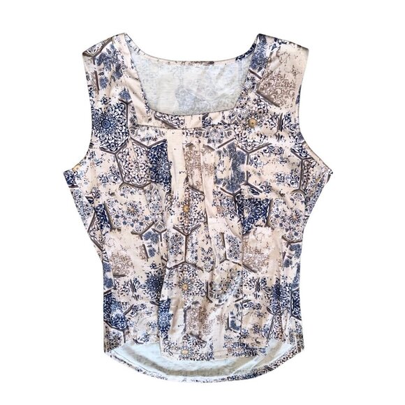 Square Neck Geometric Blue Cream Women Tank Top Shirt XL - Picture 1 of 9